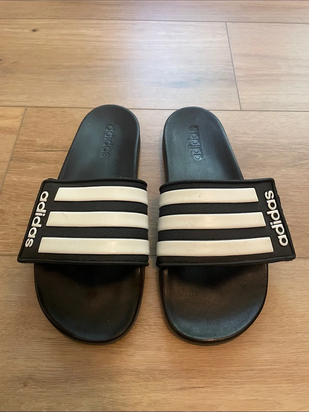 adidas Black and White Slide Sandals with Three-Stripes Men 10